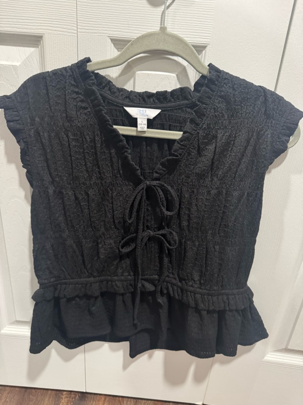 Time and Tru Black Smocked Tie-Front Ruffle Blouse